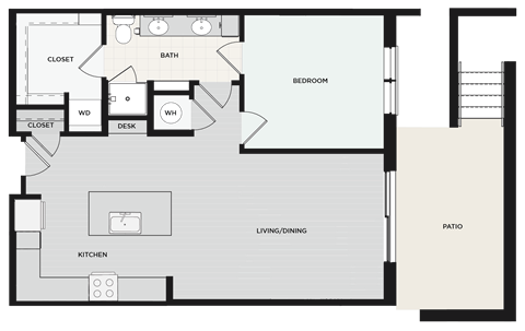 Floor plan for 1 bed, 1 bath, 845 sqft